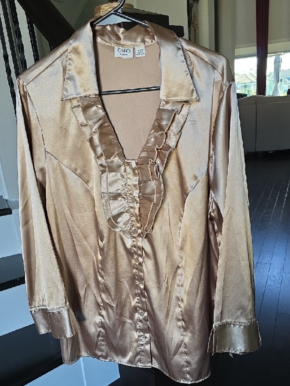 Cato Shimmery Gold Ruffle-Front Satin Blouse - Picture 2 of 13